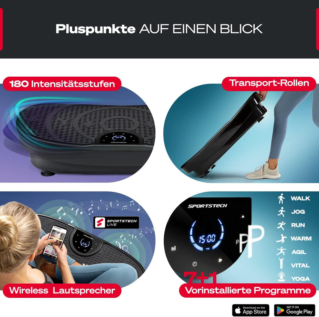 Sportstech Vibrationsplatte VP250 im edlen Curved Slim Design | Fettverbrennung &amp; Muskelaufbau | lei