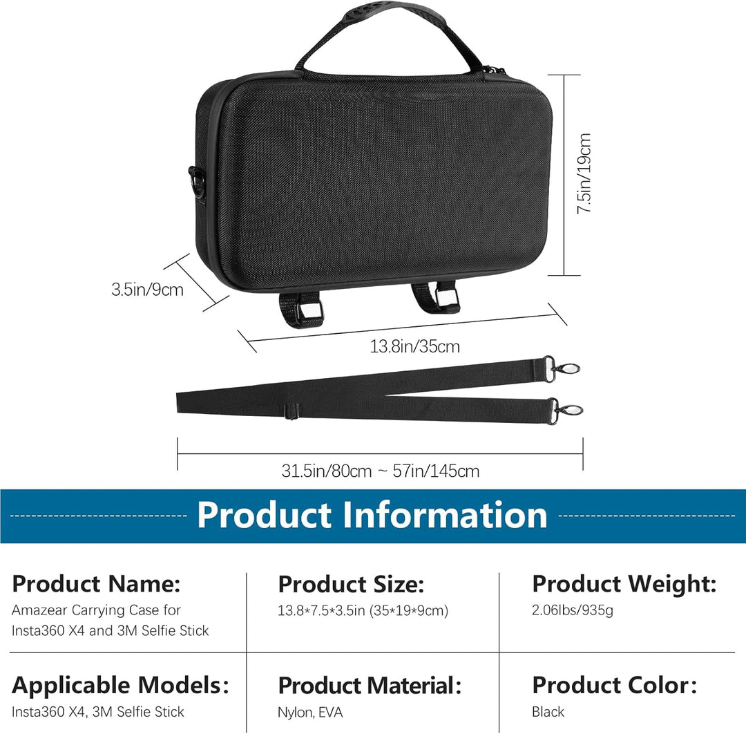 AMAZEAR Tragetasche für Insta360 X4 Koffer,Kompatibel mit 3m 9.8ft Extended Edition Selfie Stick,Tra