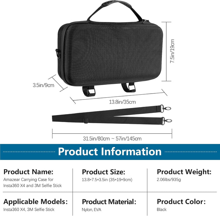 AMAZEAR Tragetasche für Insta360 X4 Koffer,Kompatibel mit 3m 9.8ft Extended Edition Selfie Stick,Tra