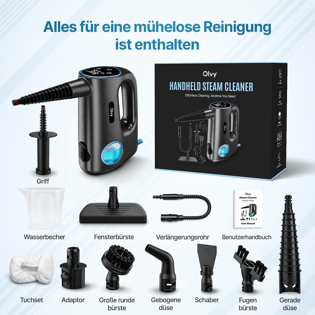 Olvy 2-in-1 Dampfbesen & Handdampfreiniger, 1200W Hochdruck Bodenreiniger für Hartböden & Teppiche,