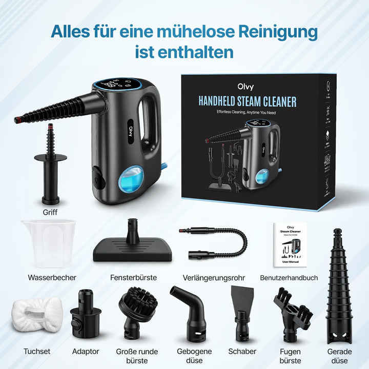 Olvy 2-in-1 Dampfbesen & Handdampfreiniger, 1200W Hochdruck Bodenreiniger für Hartböden & Teppiche,