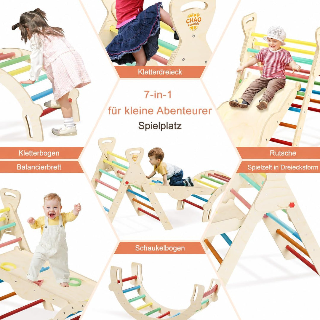 Pikler Dreieck 8-in-1 klappbar, Montessori Klettergerüst Indoor aus Holz mit Rutsche, Kletterbogen u