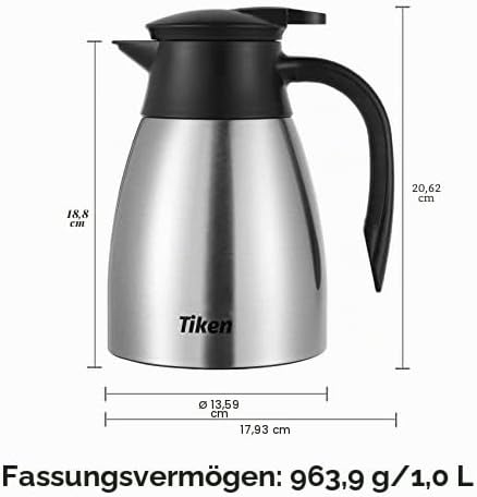 Tiken 1L Thermoskanne Edelstahl Doppelwandige Vakuumisolierung Isolierkanne Kaffeekanne Silber 1005