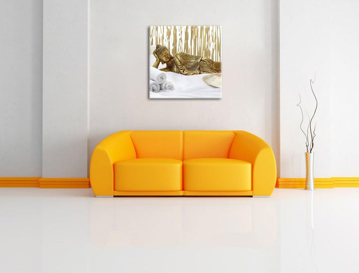 Pixxprint Goldener Buddha auf Handtuch als Leinwandbild/Grösse: 70x70 cm/Wandbild/Kunstdruck/fertig