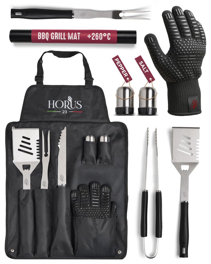 Grill Set mit Grill Zubehör aus Edelstahl, Oxford-Schürze, Hitzeschutzhandschuh und Grillmatte - Ges