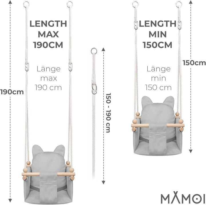 MAMOI Kinderschaukel mit Sicherheitsgurt, höhenverstellbar 150–190 cm, Schaukel für den Innenbereich