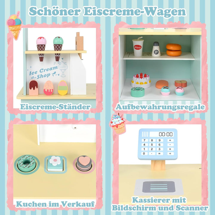 COSTWAY Eiswagen Kinder mit Eiscreme Spielzeug, Eisladen Holz mit Eismaschine & Verkaufsautomat & Ka