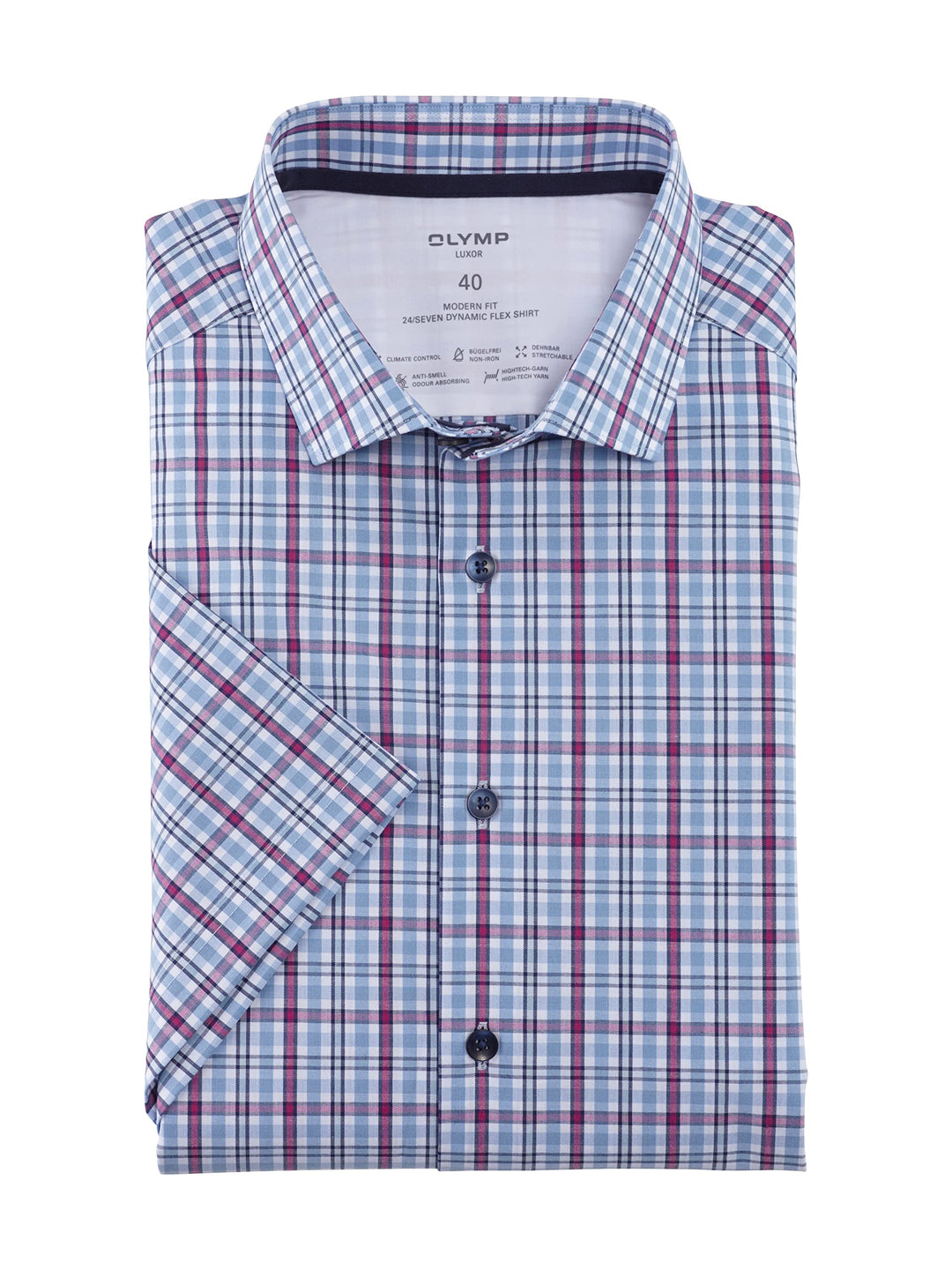 OLYMP Herren Businesshemd Kurzarm Luxor 24/Seven,Kariert,modern fit,Modern Kent 38 Fuchsia 95, 38 Fu