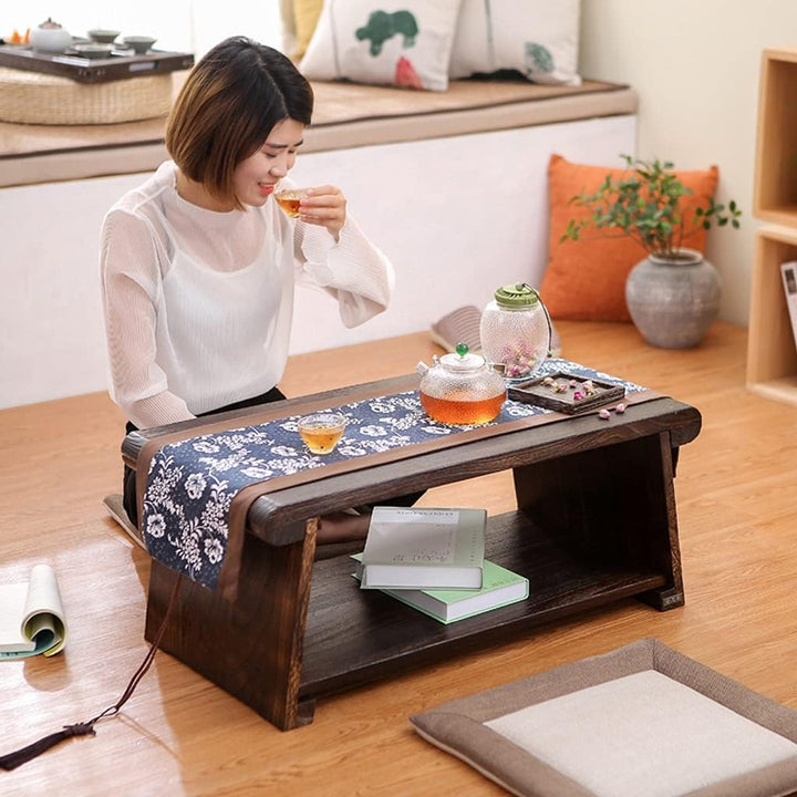 Beistelltisch, Couchtisch 2-stufig mit Ablageregal, Retro japanischer Teetisch, Tatami-Tisch für Woh