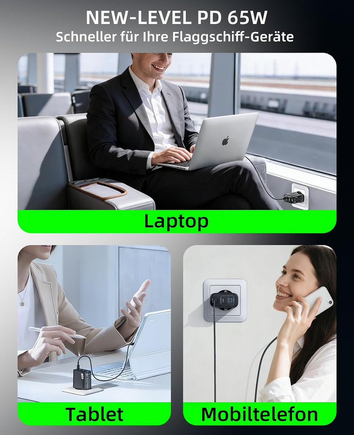 XUI USB C Ladegerät 65W 3-Port, USB-C Netzteil, PPS 60W Schnellladegerät schwarz, schwarz