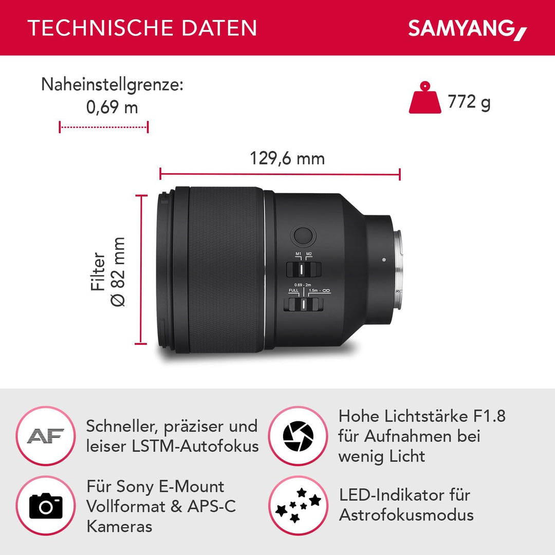 Samyang AF 135mm F1.8 FE für Sony E – Autofokus Vollformat &amp; APS-C Teleobjektiv, lichtstarke Festbre
