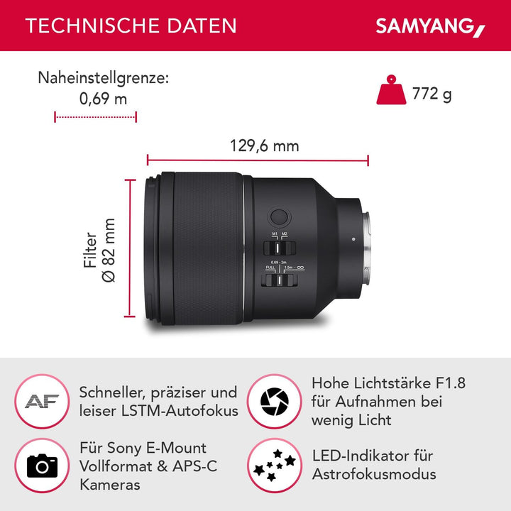 Samyang AF 135mm F1.8 FE für Sony E – Autofokus Vollformat &amp; APS-C Teleobjektiv, lichtstarke Festbre
