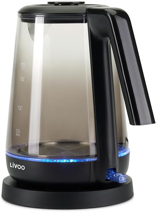 Livoo - Wasserkocher aus Glas, 1,7 l, DOD216N, 1850 W, 2200 W, Borosilikatglas, Hintergrundbeleuchtu