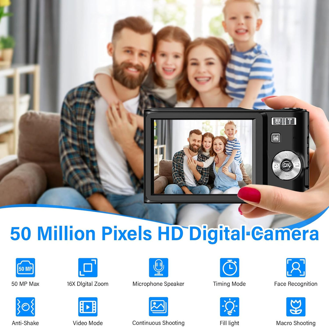 Digitalkamera 50MP 1080P FHD Fotokamera mit Autofokus 16X Digitalzoom Fotoapparat Tragbare Kompaktka