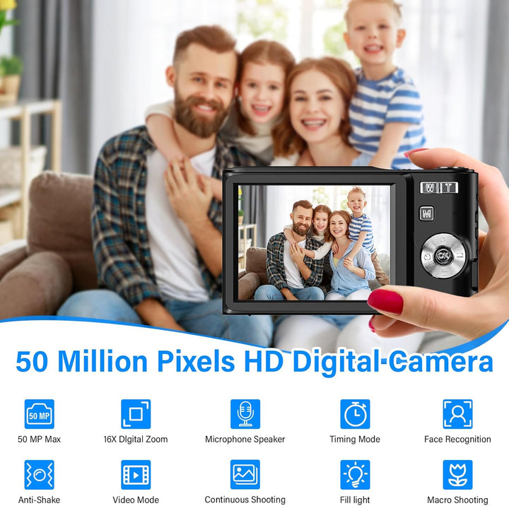 Digitalkamera 50MP 1080P FHD Fotokamera mit Autofokus 16X Digitalzoom Fotoapparat Tragbare Kompaktka