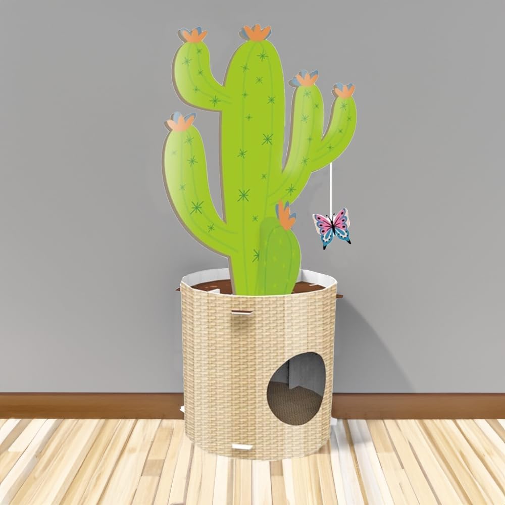 Record Kratzbaum Cactus 4-in-1-Funktion Kartonmaterial mit Catnip für Katzen | Farbe Havanna, Grösse
