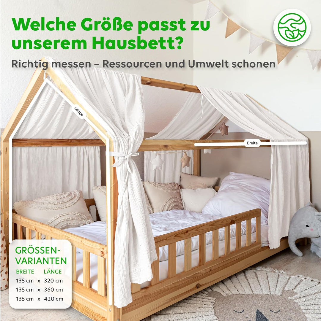 Hausbett Himmel mit Gold Applikation [in 12 Farben] Betthimmel Hausbett aus 100% Baumwolle Musselin