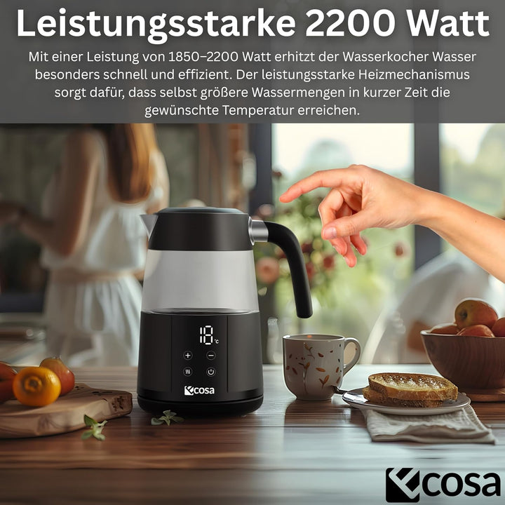 Ecosa® Wasserkocher mit Temperatureinstellung Glas Edelstahl - Teekocher 2.200 Watt 1,7 Liter- BPA F