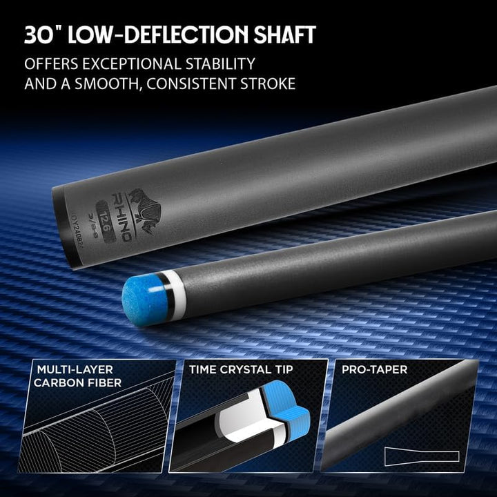 RHINO - 76,2 cm / 30 Zoll / Q-loc-Gelenk-Queue aus Carbon, Einzelschaft, Spitze 11,8 mm, 12,2 mm, 12