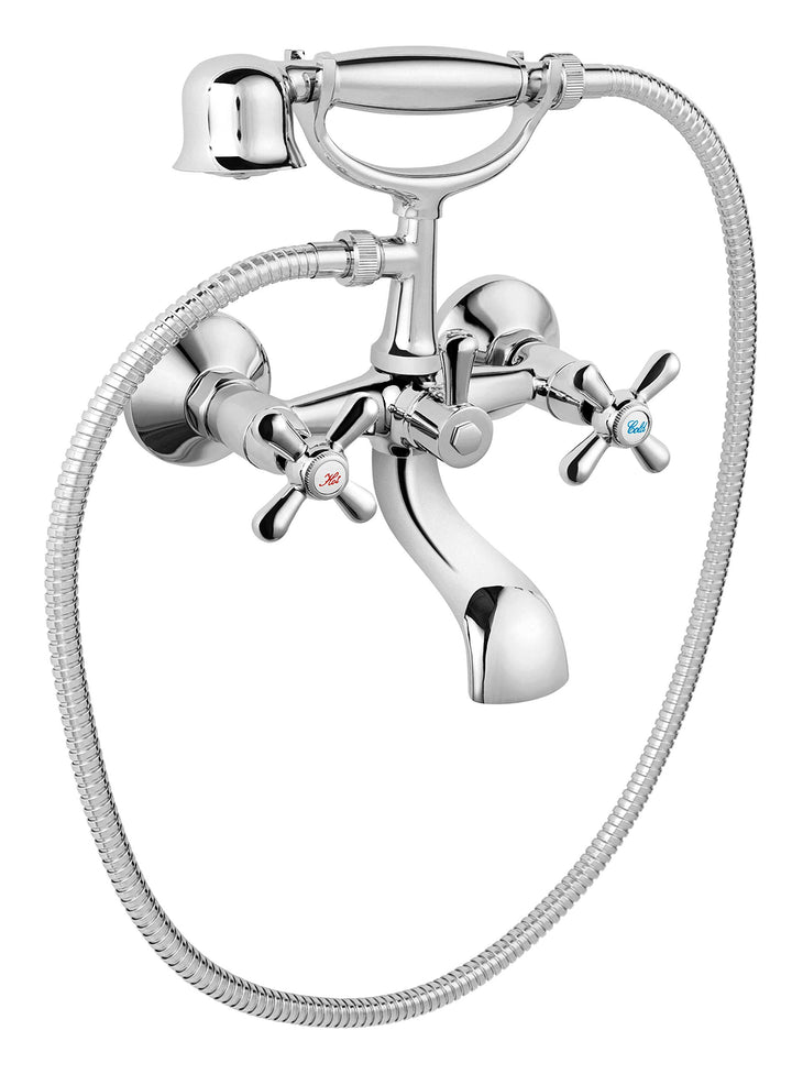 Schwere Nostalgie Retro Wannenarmatur mit Kreuzgriffen von Ferro Chrom mit Handbrause und Brauseschl