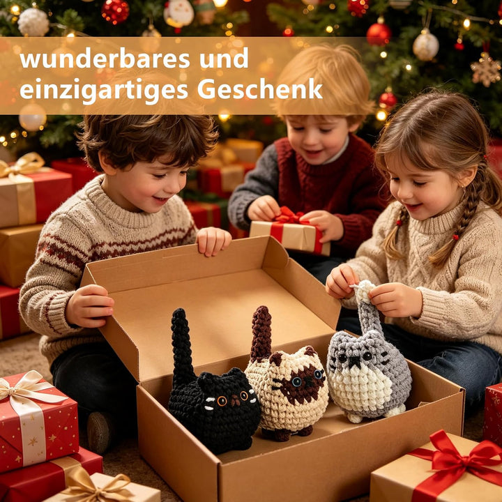 VZU Häkelset für Anfänger – 3 süsse Katzen, Komplettes Amigurumi Starter-Set mit Garn, Haken, Nadeln