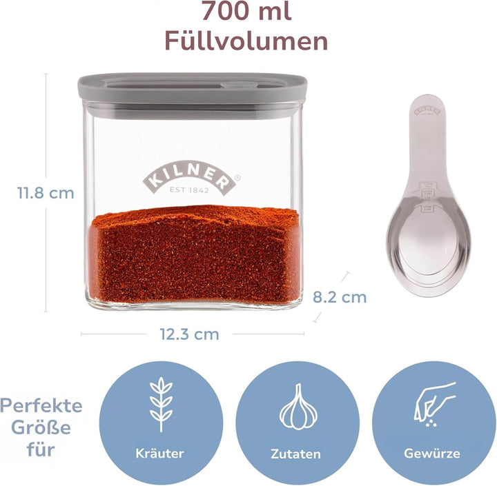 Kilner Gewürzglas mit Messlöffel, 700 ml, transparente Gewürzdose mit luftdichtem Deckel, hochwertig