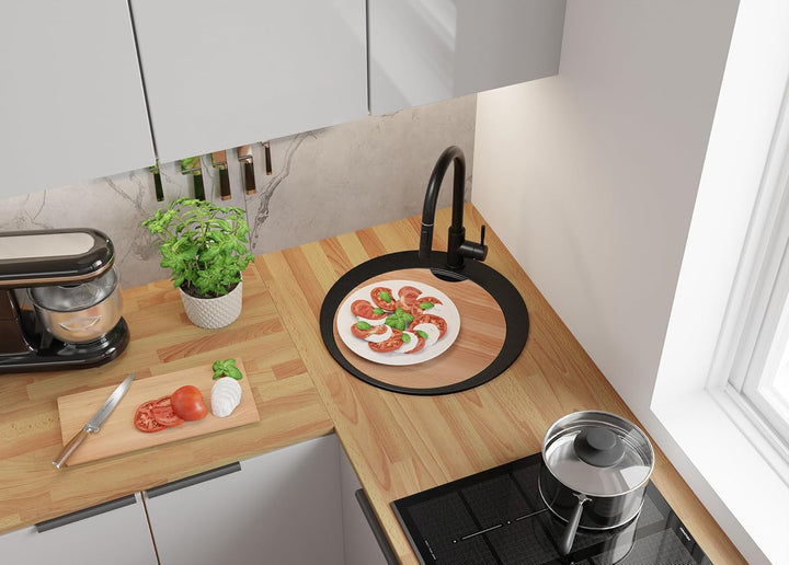 PRIMAGRAN Spülbecken Rund Schwarz 50x50cm, Granitspüle 1 Becken + Ablauf-Set, Küchenspüle ab 45er Un