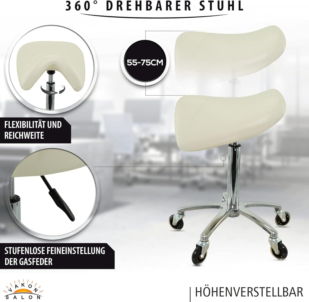 Premium Sattelhocker Weiss, Sattelstuhl für Rückenentlastung, Rollhocker höhenverstellbar von 55-75