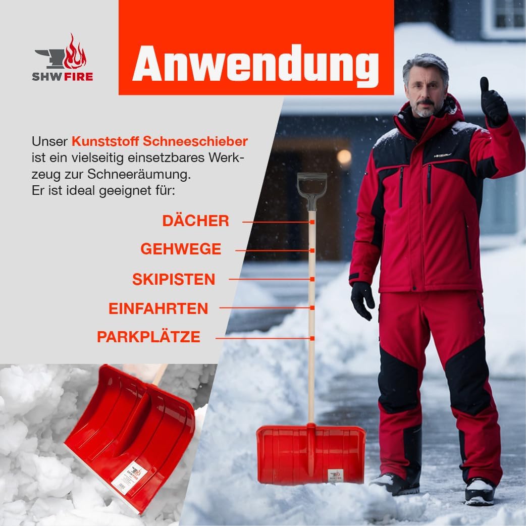 SHW-FIRE 59026 Schneeschieber Schneeschaufel Kunststoff 50 cm breit mit rundem Stiel Holz 130 cm lan
