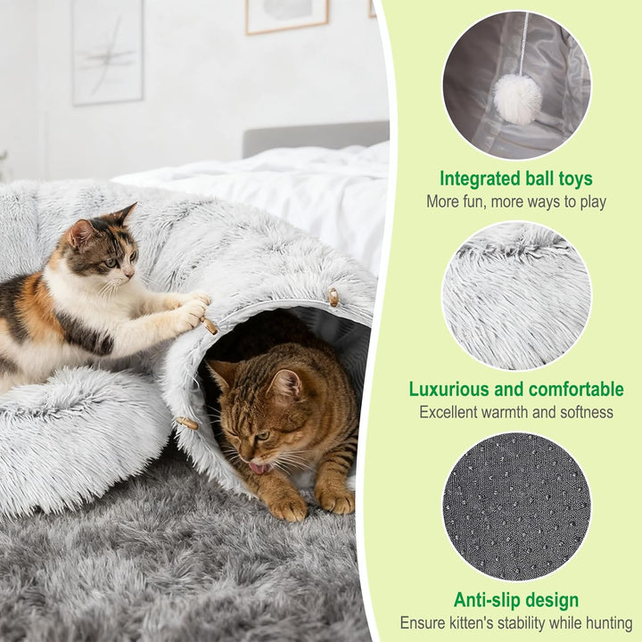Katzentunnel Grosse, Katzenspielzeug mit Plüsch Katze Bett Katzentunnel mit Ball für Indoor Katzen,