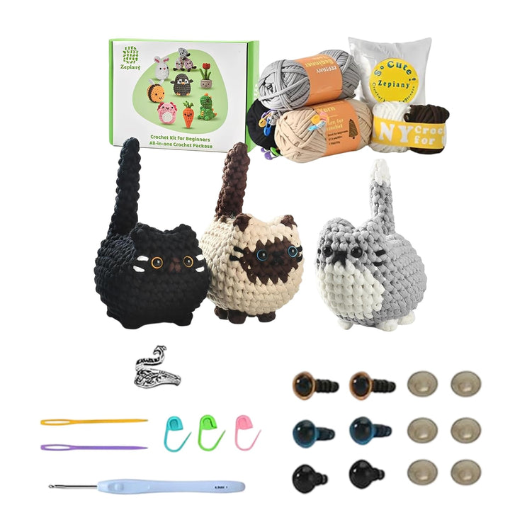 SHYSBV Häkelset für Anfänger Heckel Set Komplettes Amigurumi Set 3 süsse Katzen mit Garn Häkelnadel