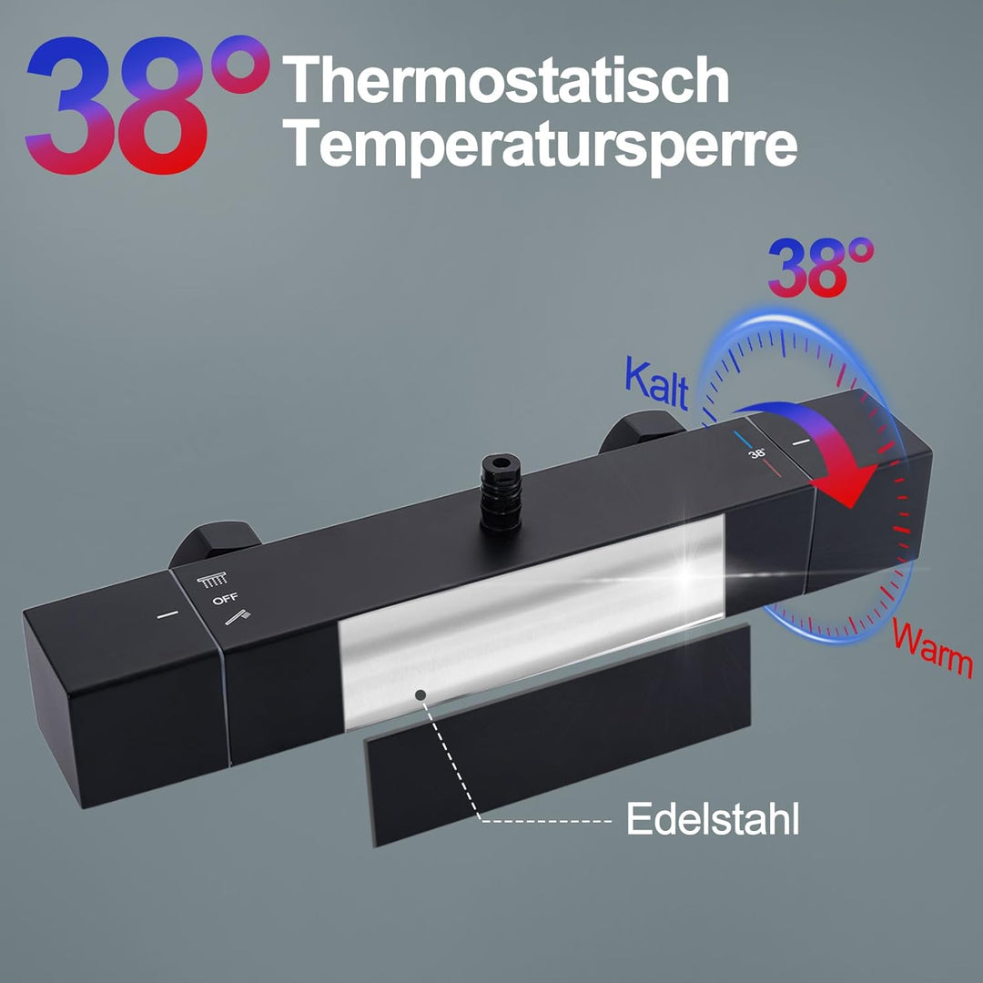 HOMELODY Duschsystem mit Thermostat Schwarz - Edelstahl Duscharmatur Komplettset mit 30x30CM Kopfbra