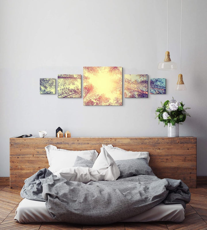 Leinwandbild 5 teilig (160x50cm) Vintage – Wald, Baumwipfel 5xQuadrat Gesamt 160x50cm, 5xQuadrat Ges