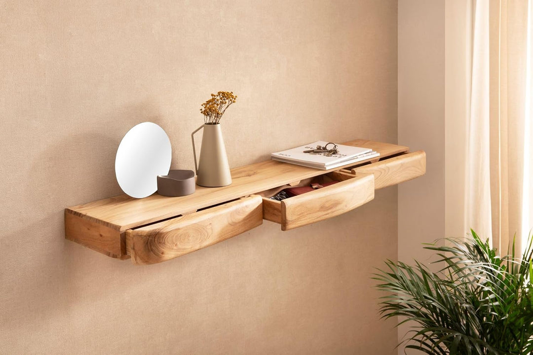 FineBuy Wandregal Akazie Massivholz 120cm mit DREI Schubladen - Design Regal für die Wand - Holz Wan