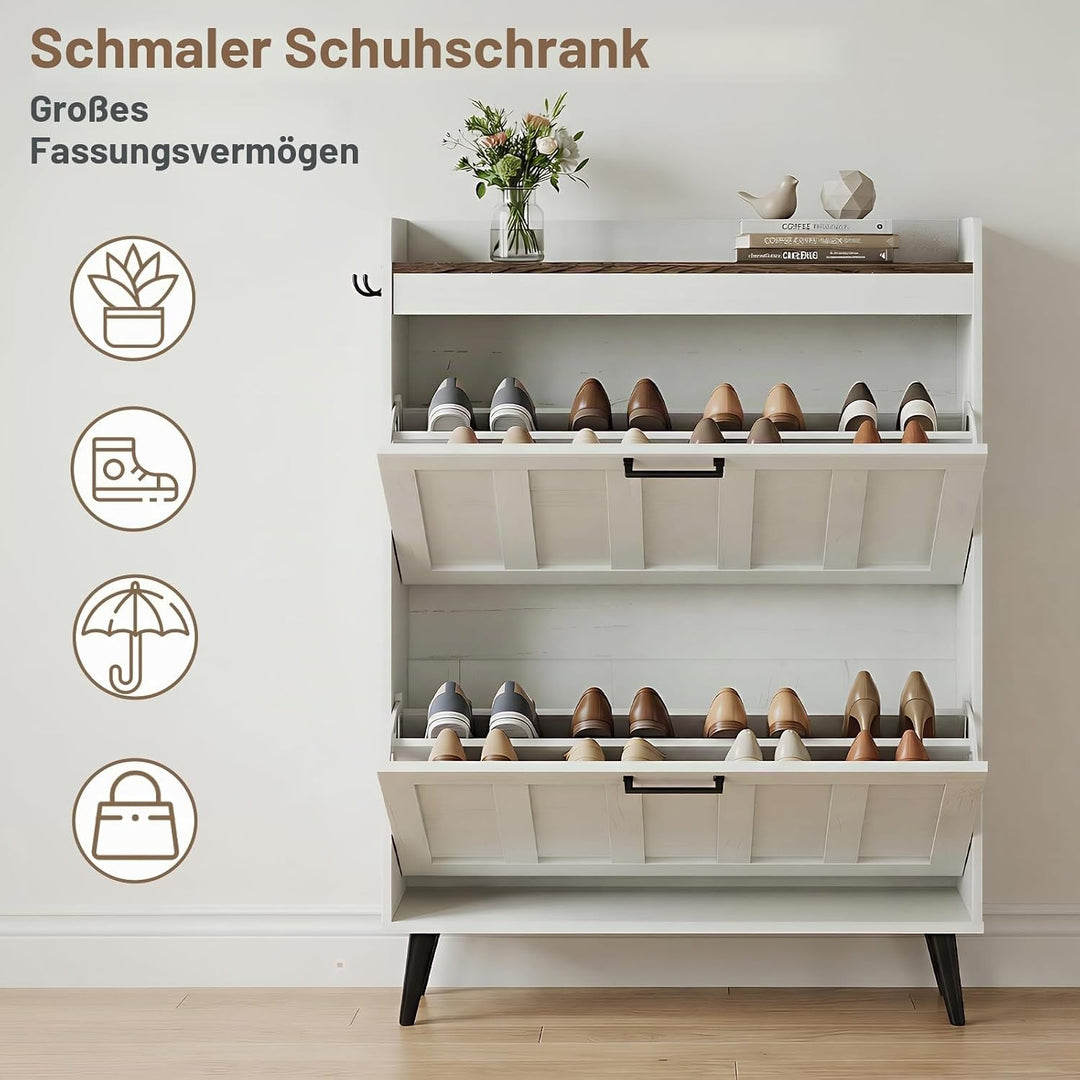 Schuhschrank Schmal mit 2 Klappschubladen, Landhausstil Schuhaufbewahrung für Flur Wohnzimmer, Kipps