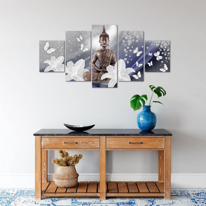 Runa Art Wandbilder Buddha Blumen 5 Teilig Bild auf Vlies Leinwand Deko Wohnzimmer Schmetterling Zen