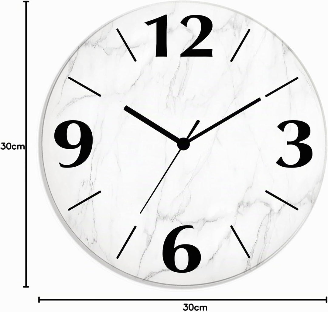 ARTLAND Wanduhr ohne Tickgeräusche aus Glas Funkuhr Ø 30 cm Rund Lautlos Ø 30 cm Weisse Marmor Stein