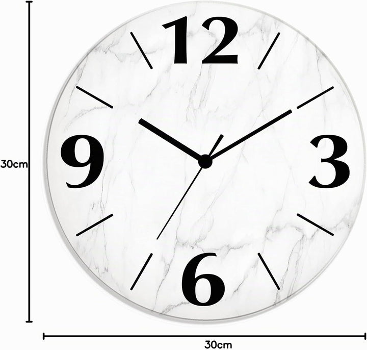 ARTLAND Wanduhr ohne Tickgeräusche aus Glas Funkuhr Ø 30 cm Rund Lautlos Ø 30 cm Weisse Marmor Stein