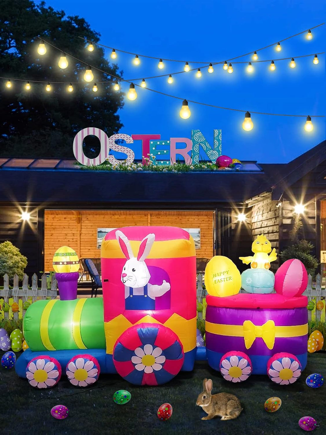 Kalolary Aufblasbarer Hase für Ostern, 8 Fuss lang Aufblasbarer Osterhase im Zug Blow up Ostern Outd