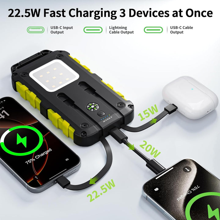 Solar Powerbank 10000mAh PD 22,5W Schnellladung IPX6 Wasserdicht, 3 Ausgangsports, LED-Leuchte mit 3