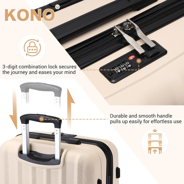 KONO Koffer Trolley Gross Hartschale ABS Reisekoffer Rollkoffer Suitcase (Beige, XL) Beige XL, Beige