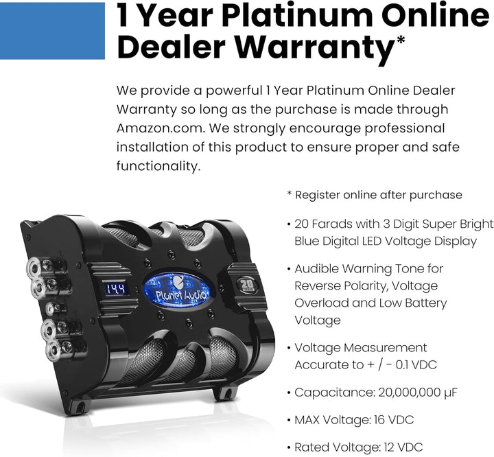 Planet Audio PC20F Auto-Kondensator – 20 Farad, Energiespeicher, Bassverstärkung von Stereo, Warntön