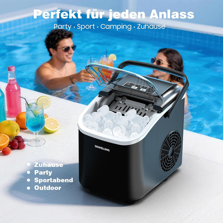 Eiswürfelmaschine – 8 Eiswürfel in 6 Minuten (12 kg/24 h), Selbstreinigend &amp; Leise, 2 Eiswürfelgröss