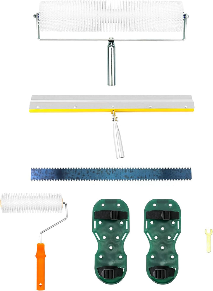 QWORK® Bodenbeschichtung Set, Entlüftungswalze+Epoxid Spike Schuhe+Stehrakel Grossflächenrakel 4 Stü