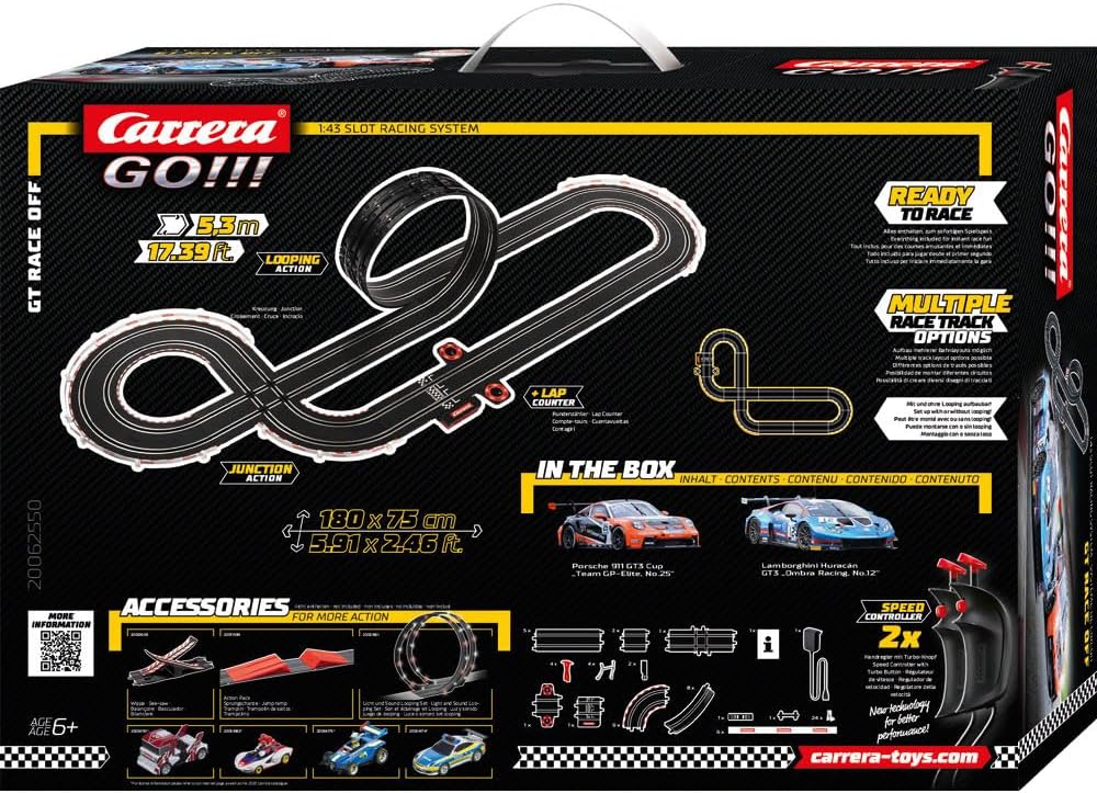 Carrera GO!!! GT Race Off Rennbahn-Set I Rennbahnen und lizensierte Slotcars | bis zu 2 Spieler | Fü
