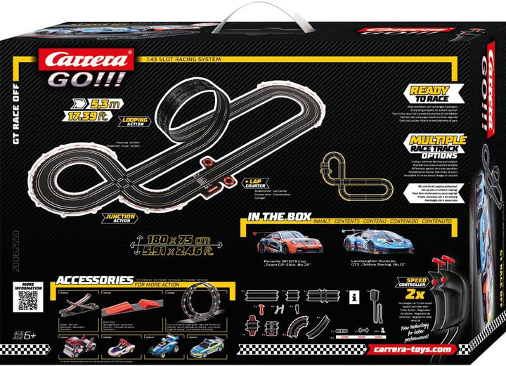 Carrera GO!!! GT Race Off Rennbahn-Set I Rennbahnen und lizensierte Slotcars | bis zu 2 Spieler | Fü