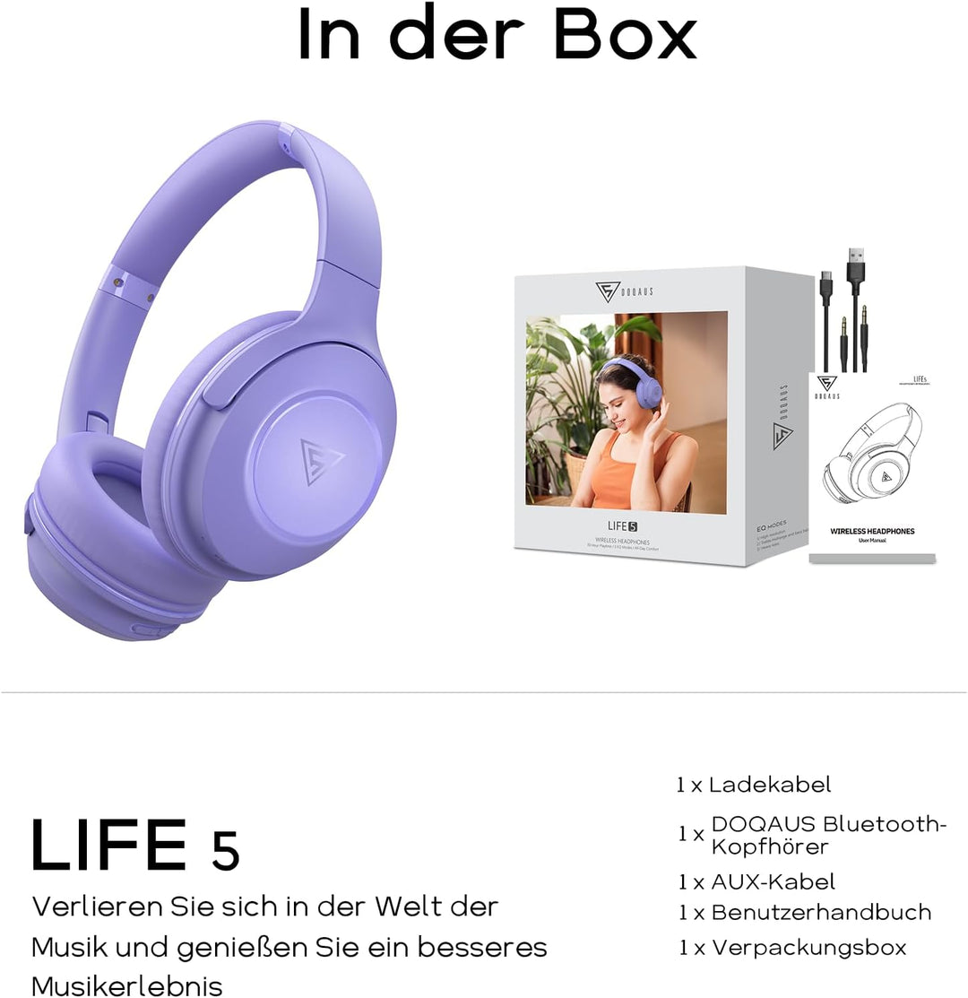 DOQAUS Kopfhörer Kabellose Bluetooth,70 Std.Akku,Lila | Kabellos Faltbare HiFi-Stereo Bluetooth Kopf