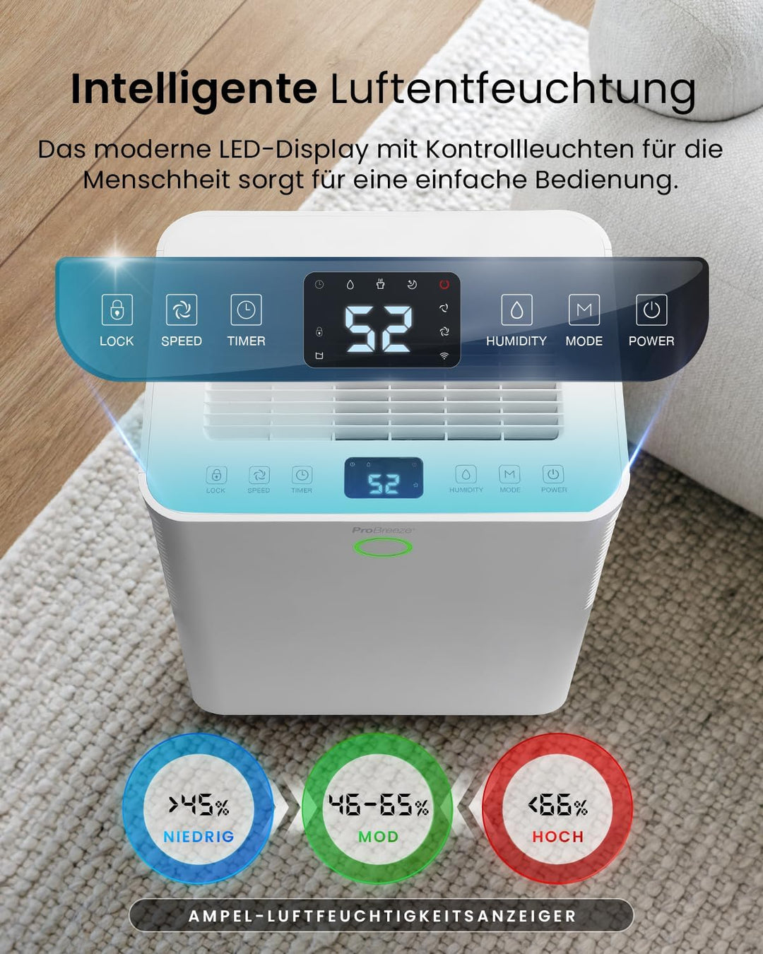 Pro Breeze OmniDry Luftentfeuchter mit App & WLAN, 20L in 24h Entfeuchtungsleistung - Luftentfeuchte