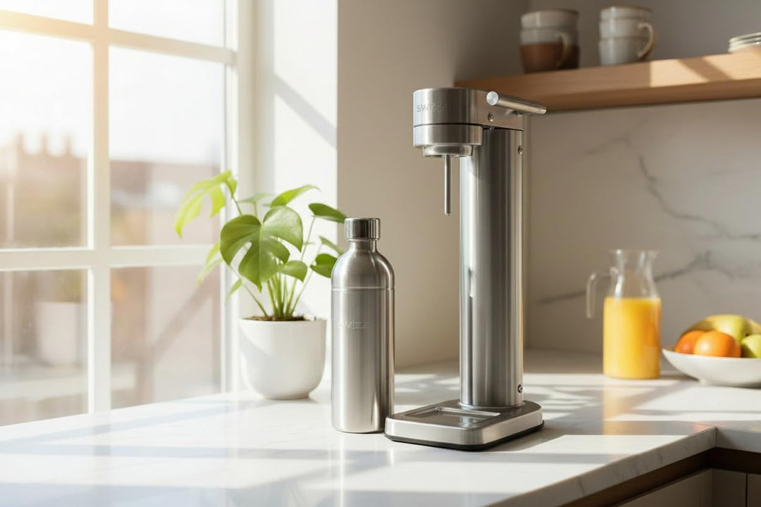 Premium Wassersprudler aus gebürstetem Edelstahl mit 1 x BPA-frei Flaschen SW!ZZ (gebürstetem Edelst