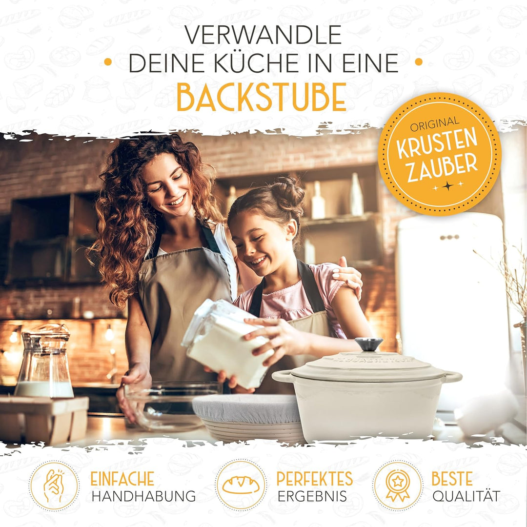 KRUSTENZAUBER Gusseisen Topf Brot backen emailliert inkl. Gärkorb - 26cm Emaille-Topf samt Zubehör -